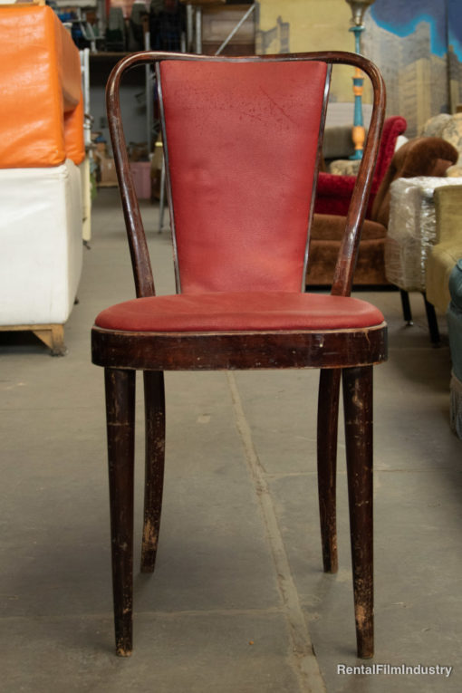 Sedia vintage in legno con seduta imbottita rossa anni '40